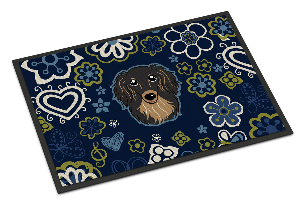 Blue Flowers Longhair Black and Tan Dachshund Indoor or Outdoor Mat 18x27 BB5064MAT - the-store.com