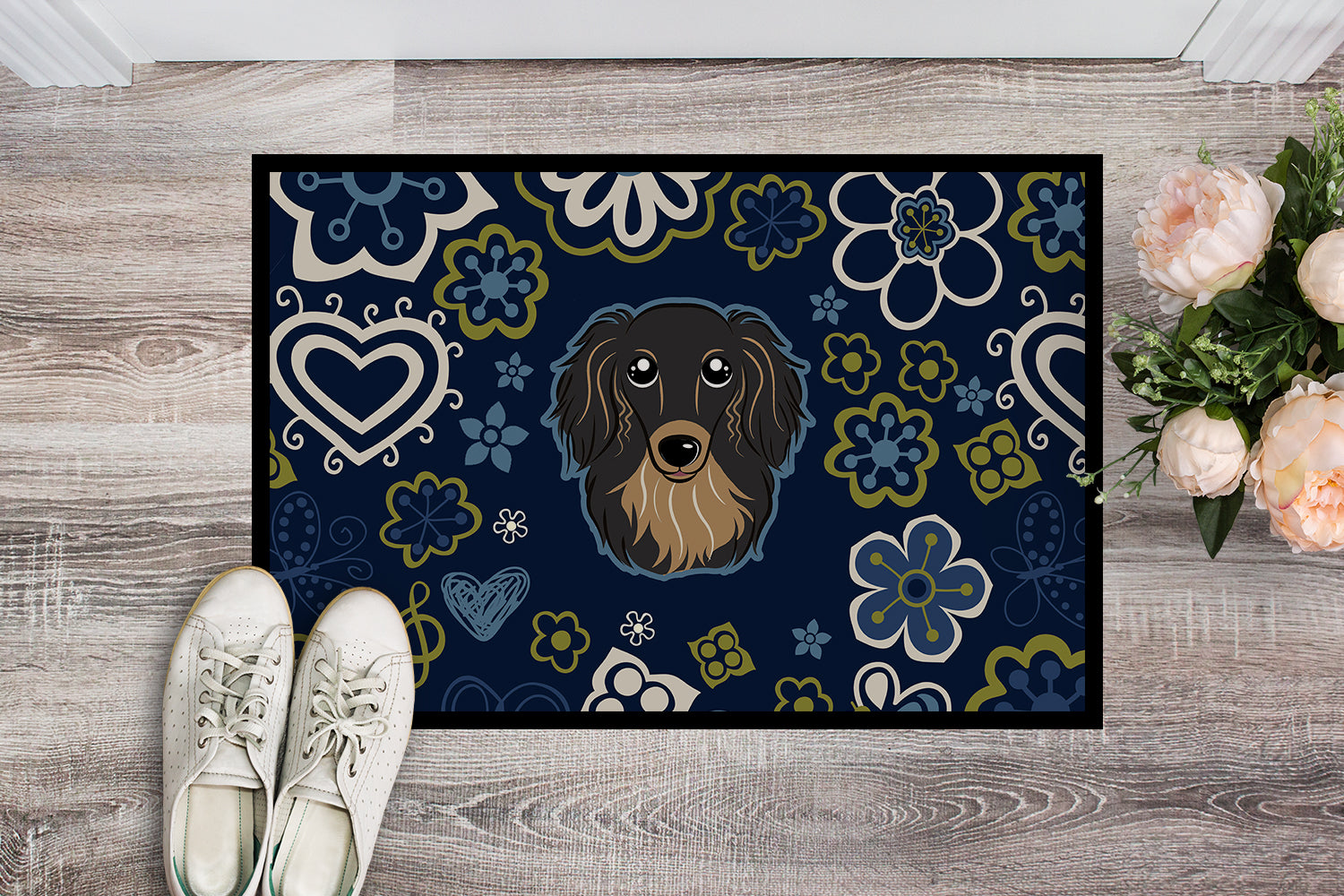Caroline's Treasures Blue Flowers Longhair Black and Tan Dachshund Doormat - 18x27 Decorative Floor Mat – Indoor/Outdoor Rug with Artistic Flair BB5064MAT
