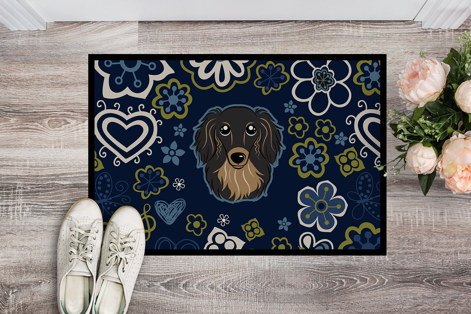 Blue Flowers Longhair Black and Tan Dachshund Indoor or Outdoor Mat 18x27 BB5064MAT - the-store.com
