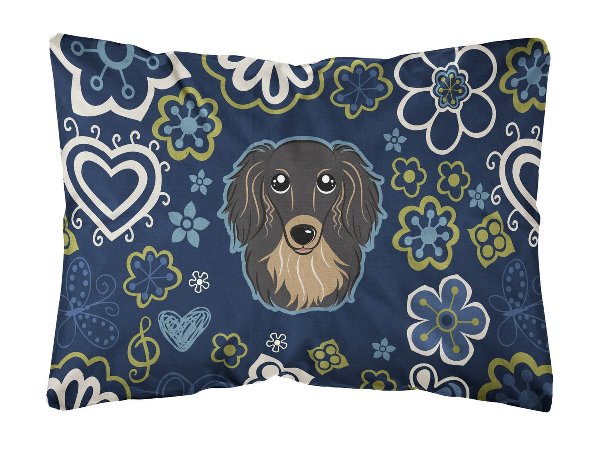 Blue Flowers Longhair Black and Tan Dachshund Canvas Fabric Decorative Pillow BB5064PW1216 by Caroline&#39;s Treasures