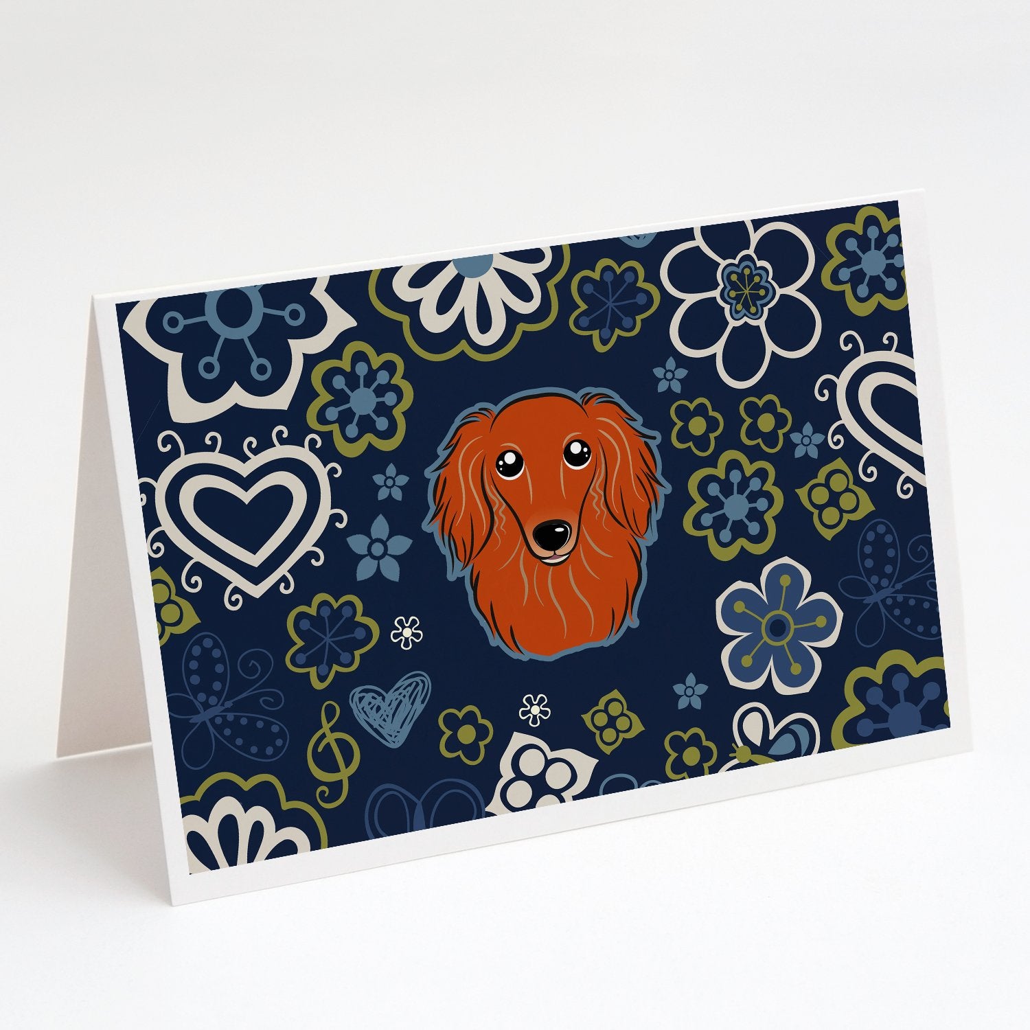 Buy this Blue Flowers Longhair Red Dachshund Greeting Cards and Envelopes Pack of 8