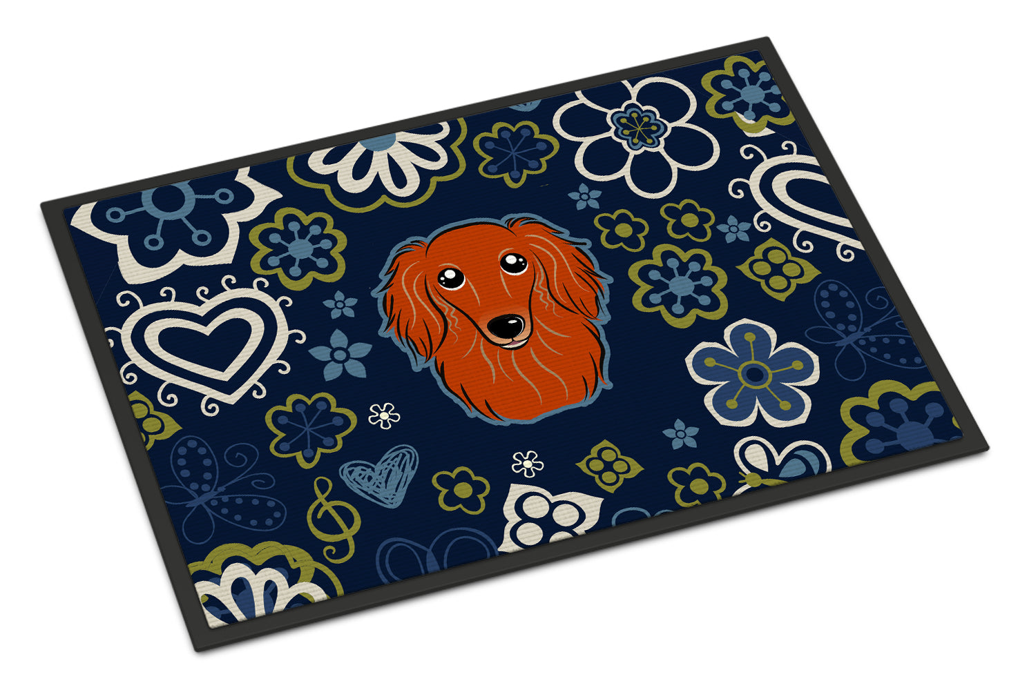 Caroline's Treasures Blue Flowers Longhair Red Dachshund Doormat - 18x27 Decorative Floor Mat – Indoor/Outdoor Rug with Artistic Flair BB5065MAT