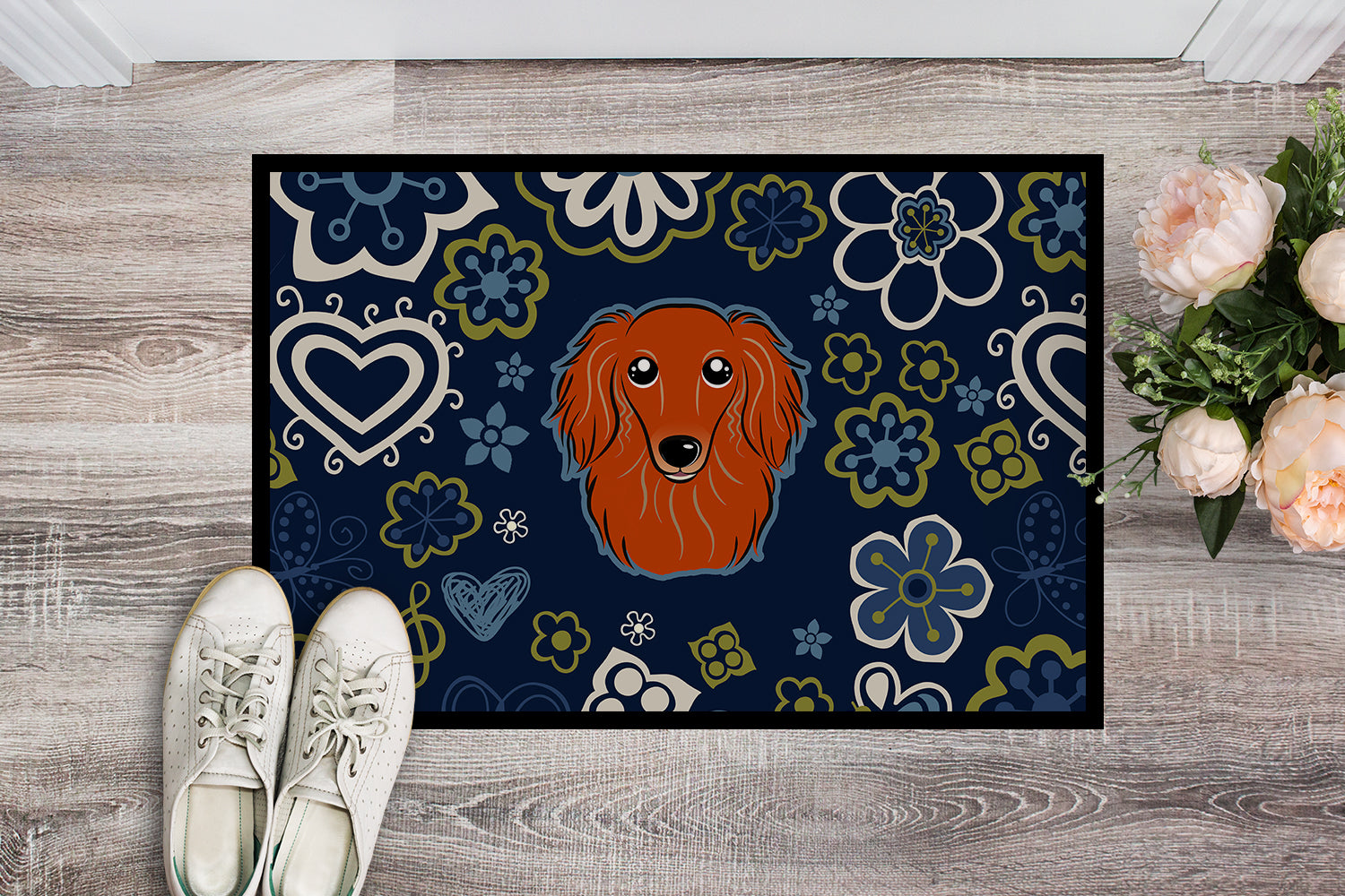 Blue Flowers Longhair Red Dachshund Indoor or Outdoor Mat 18x27 BB5065MAT - the-store.com