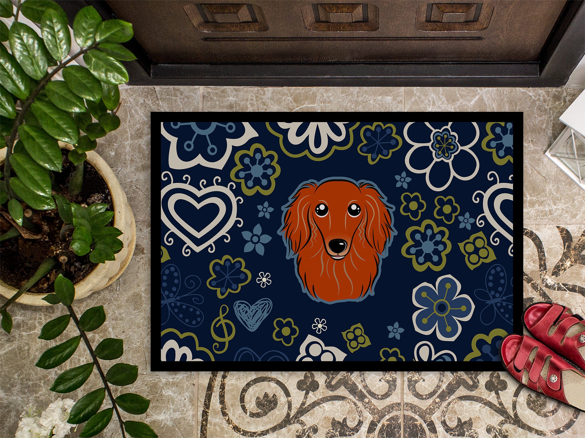 Blue Flowers Longhair Red Dachshund Indoor or Outdoor Mat 18x27 BB5065MAT - the-store.com