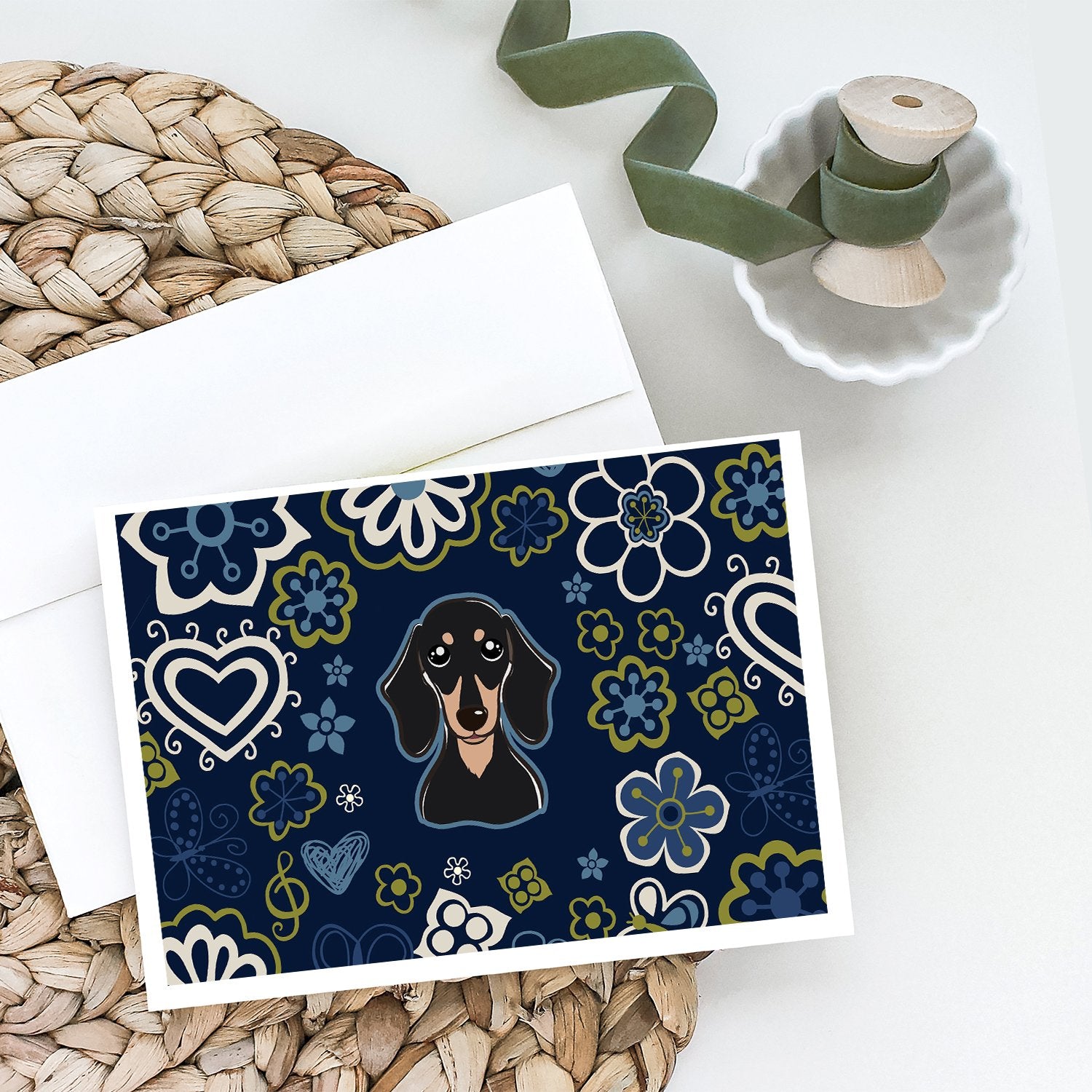 Blue Flowers Smooth Black and Tan Dachshund Greeting Cards and Envelopes Pack of 8 - the-store.com