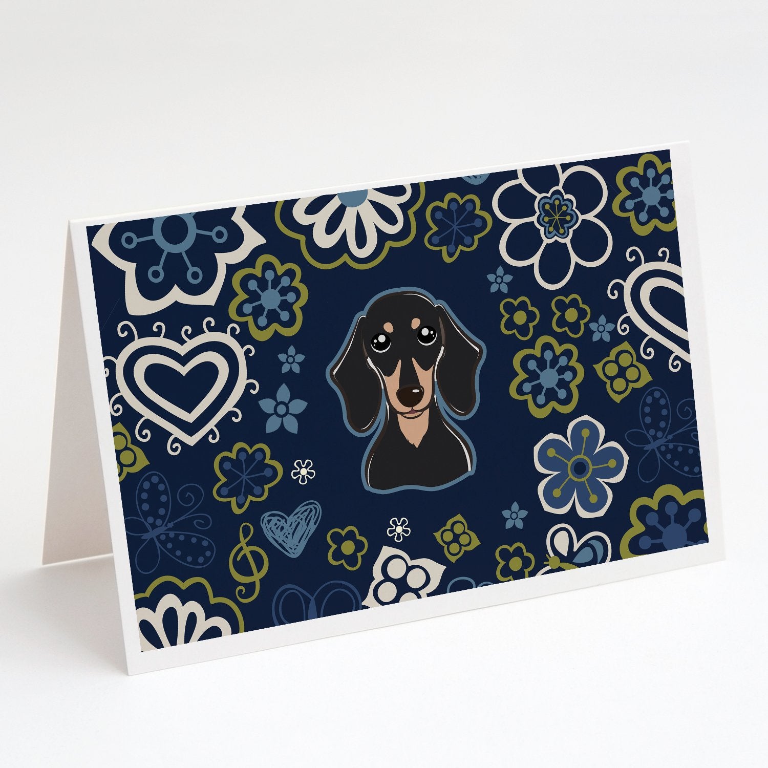 Buy this Blue Flowers Smooth Black and Tan Dachshund Greeting Cards and Envelopes Pack of 8