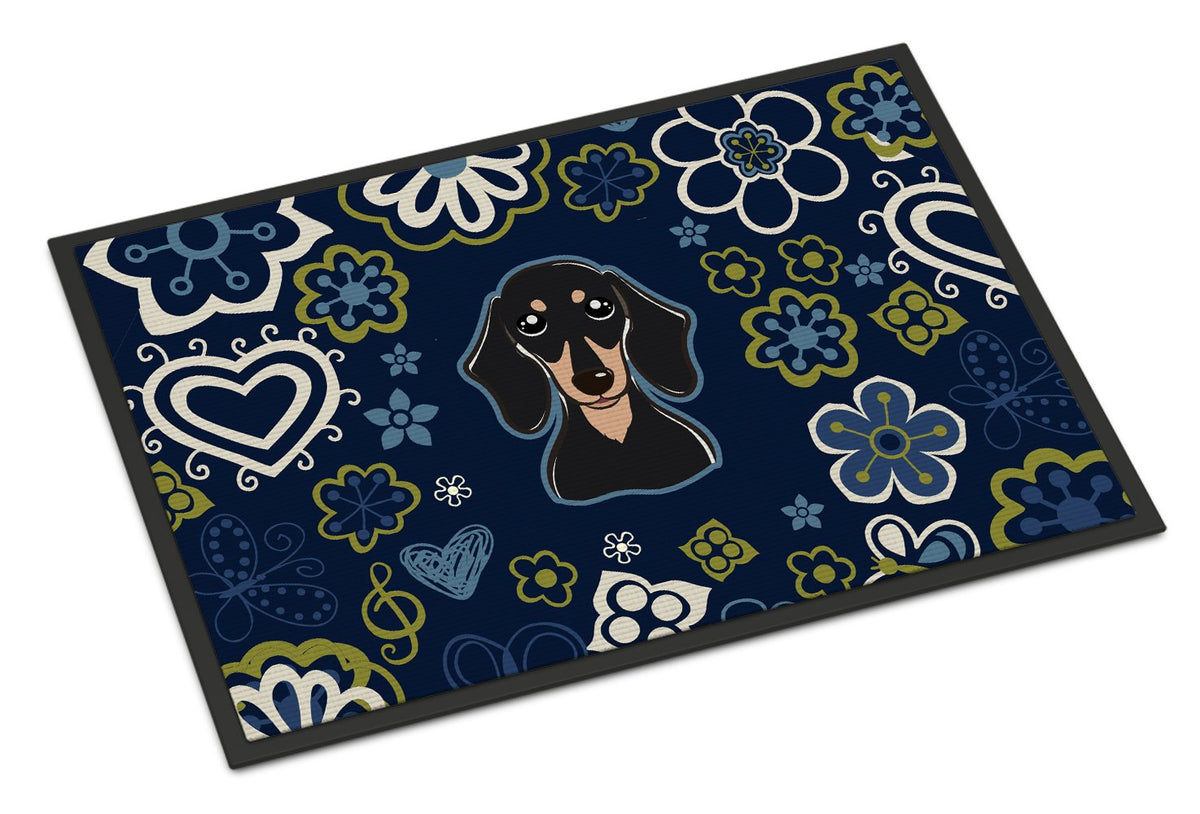 Blue Flowers Smooth Black and Tan Dachshund Indoor or Outdoor Mat 24x36 BB5066JMAT by Caroline&#39;s Treasures