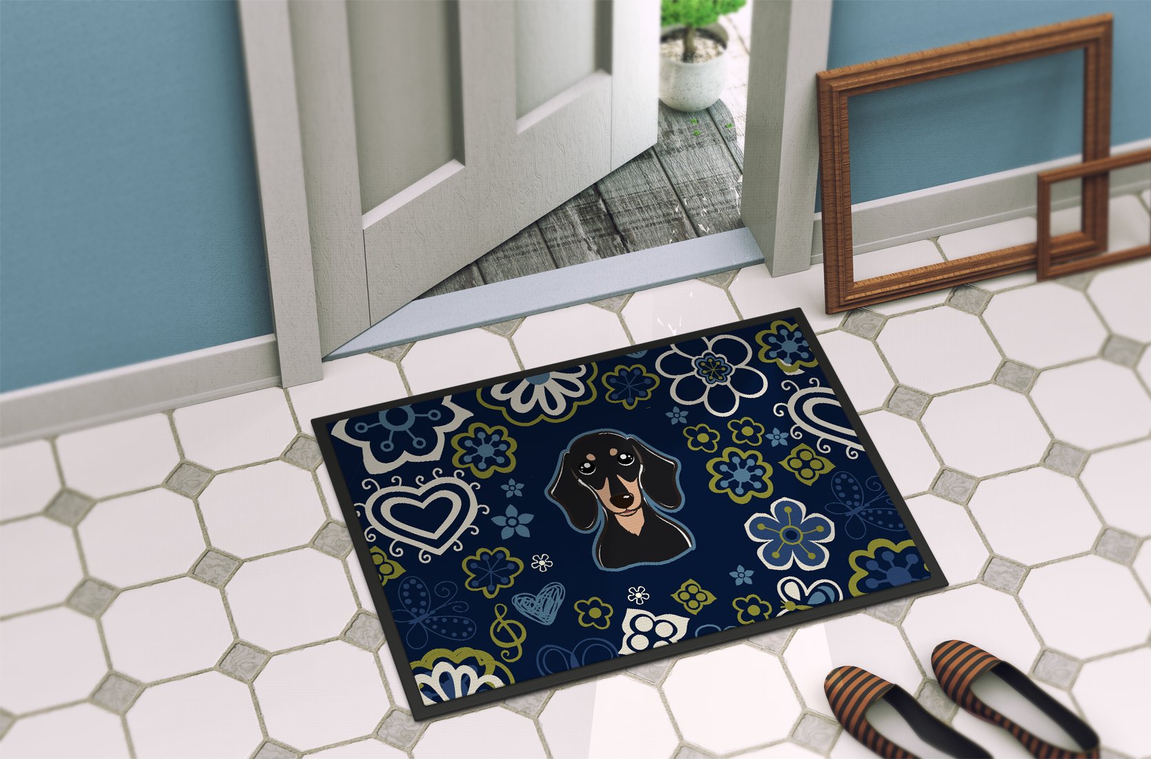 Blue Flowers Smooth Black and Tan Dachshund Indoor or Outdoor Mat 24x36 BB5066JMAT by Caroline's Treasures