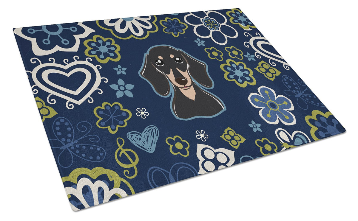 Blue Flowers Smooth Black and Tan Dachshund Glass Cutting Board Large BB5066LCB by Caroline&#39;s Treasures
