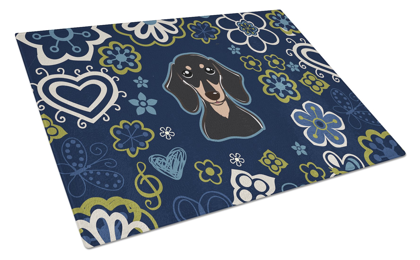 Blue Flowers Smooth Black and Tan Dachshund Glass Cutting Board Large BB5066LCB by Caroline's Treasures