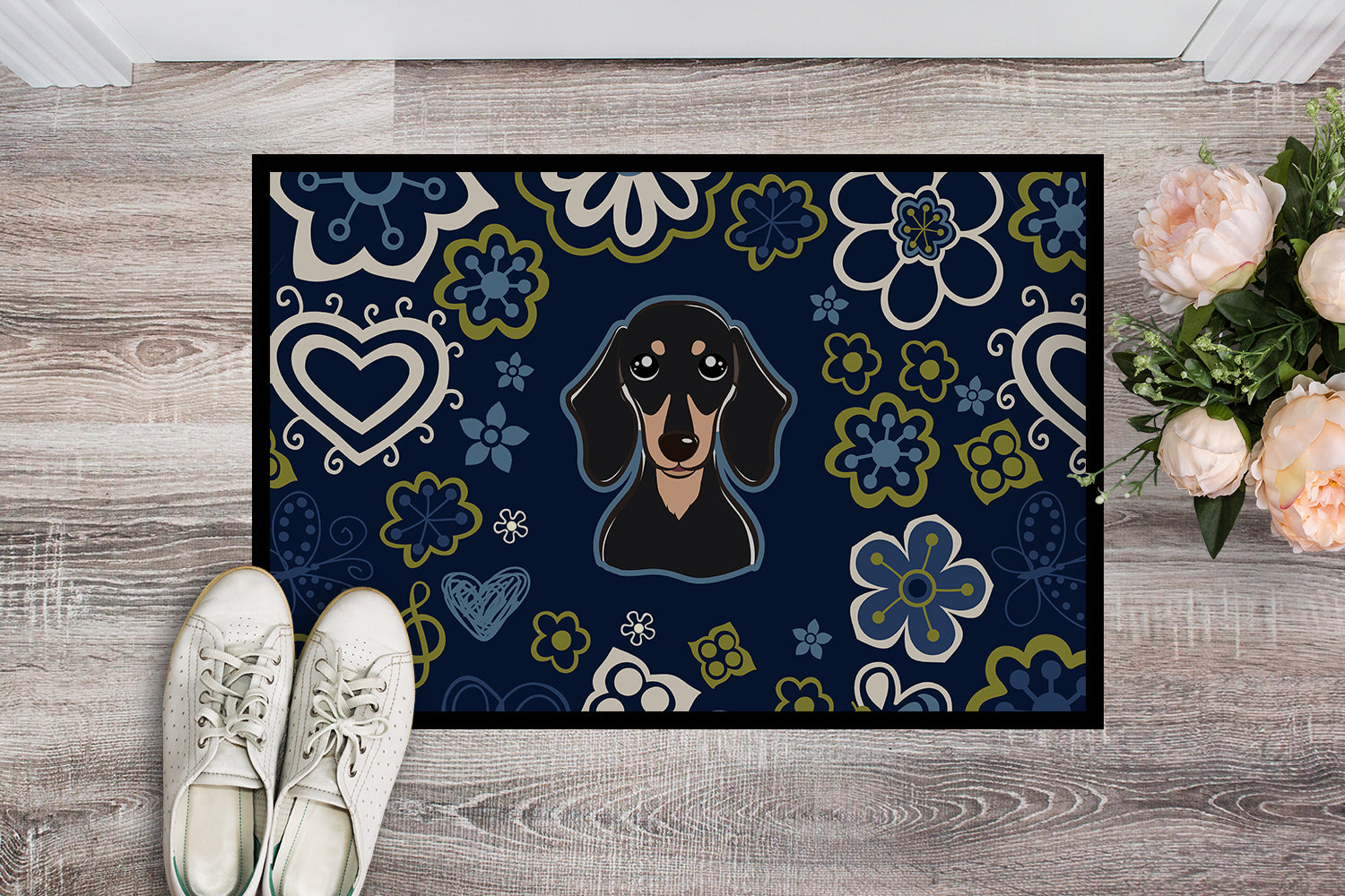 Blue Flowers Smooth Black and Tan Dachshund Indoor or Outdoor Mat 18x27 BB5066MAT - the-store.com