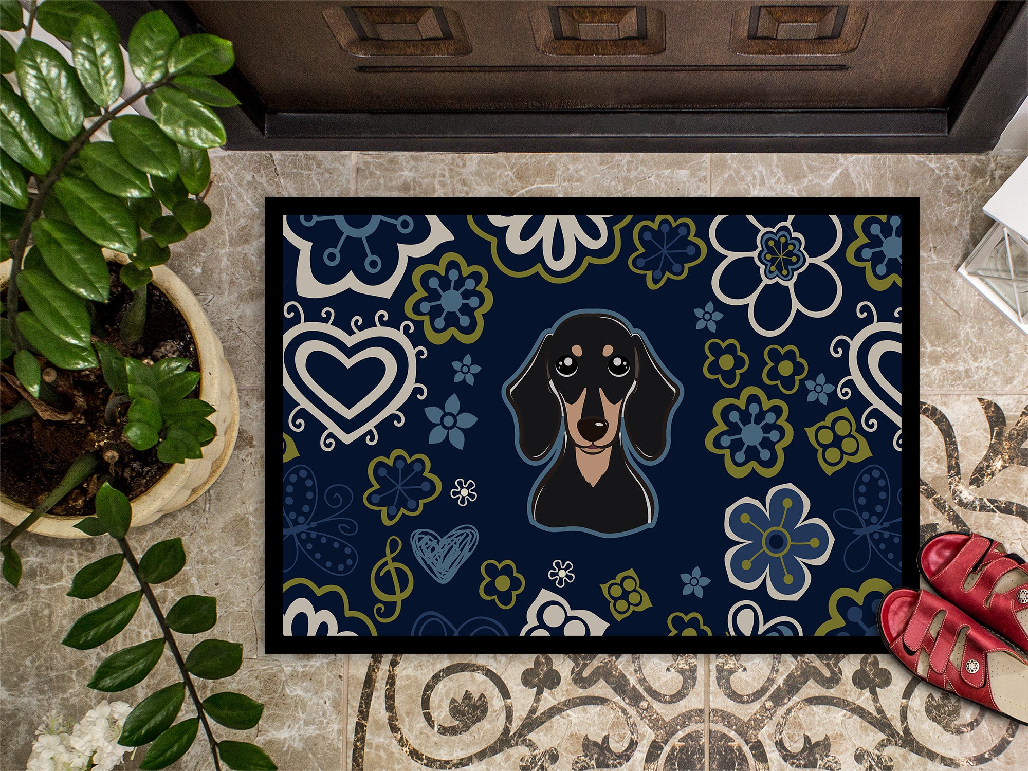 Blue Flowers Smooth Black and Tan Dachshund Indoor or Outdoor Mat 18x27 BB5066MAT - the-store.com