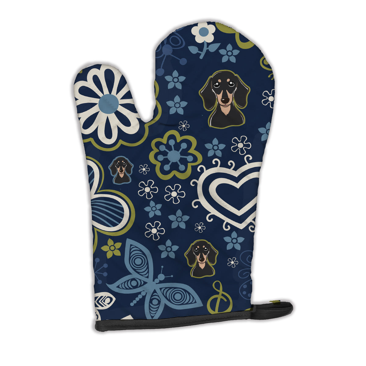 Blue Flowers Smooth Black and Tan Dachshund Oven Mitt BB5066OVMT  the-store.com.