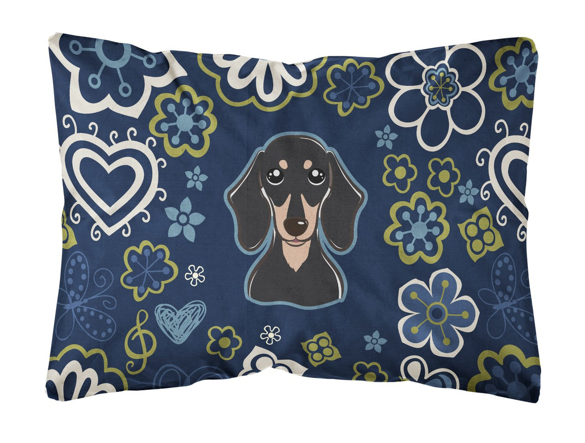 Blue Flowers Smooth Black and Tan Dachshund Canvas Fabric Decorative Pillow BB5066PW1216 by Caroline&#39;s Treasures