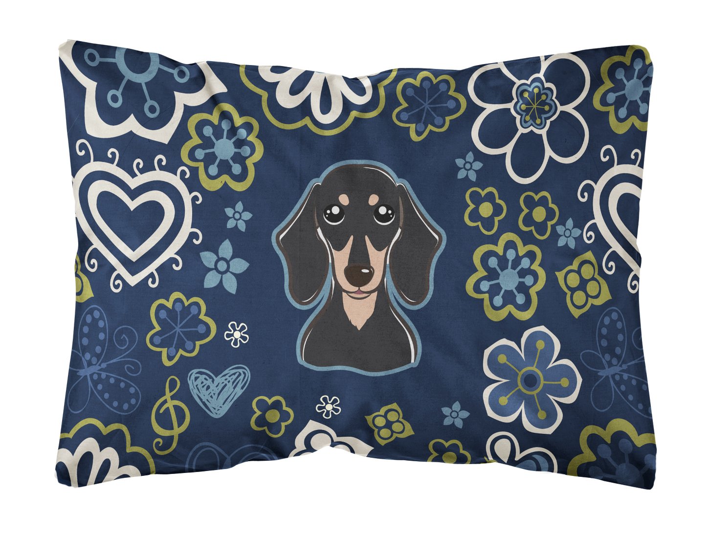 Blue Flowers Smooth Black and Tan Dachshund Canvas Fabric Decorative Pillow BB5066PW1216 by Caroline's Treasures