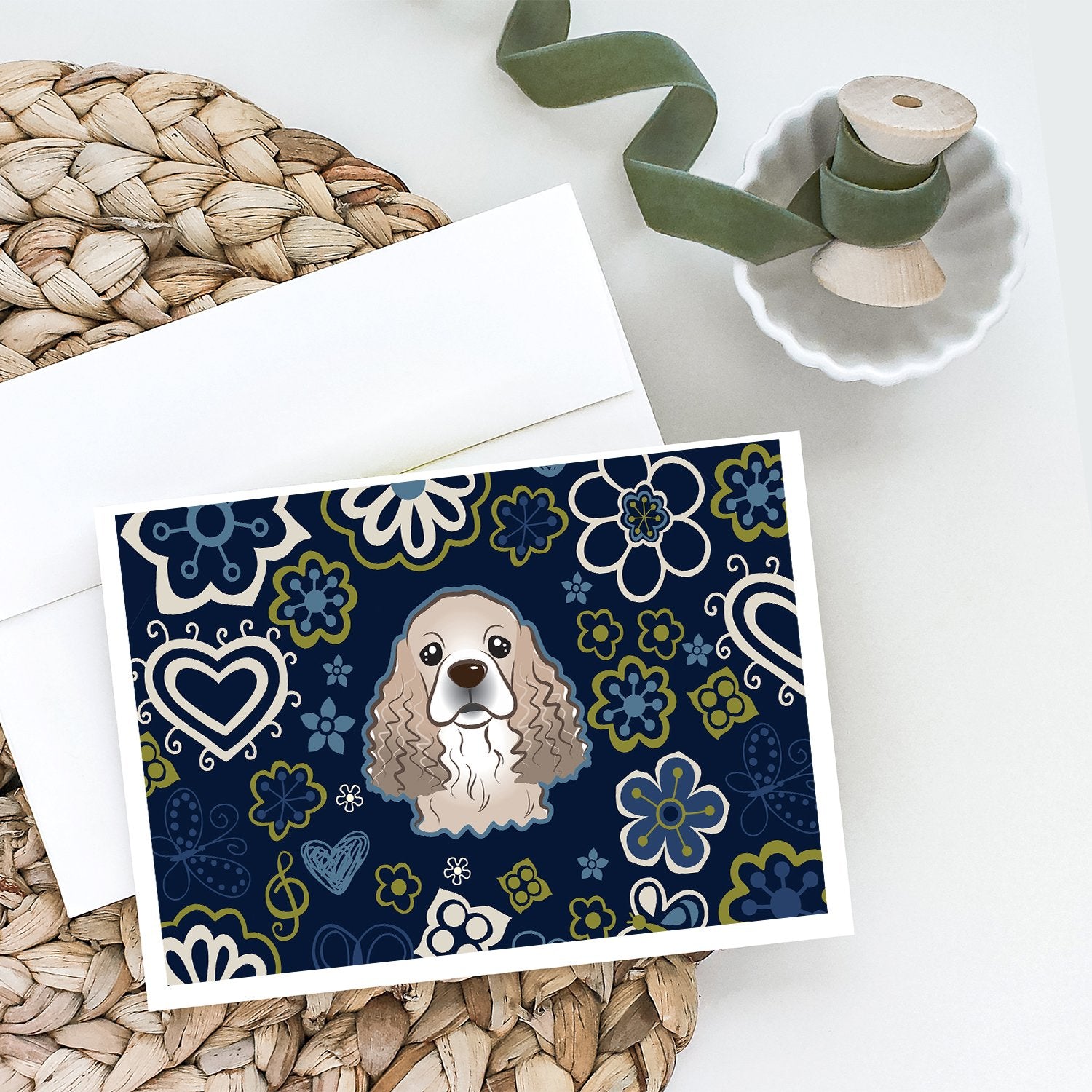 Blue Flowers Cocker Spaniel Greeting Cards and Envelopes Pack of 8 - the-store.com