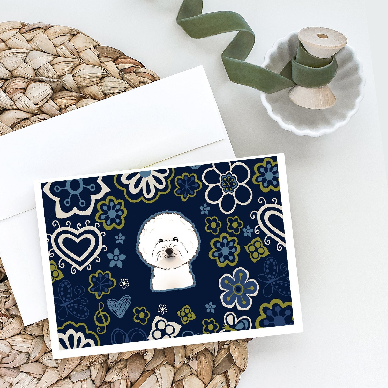 Blue Flowers Bichon Frise Greeting Cards and Envelopes Pack of 8 - the-store.com