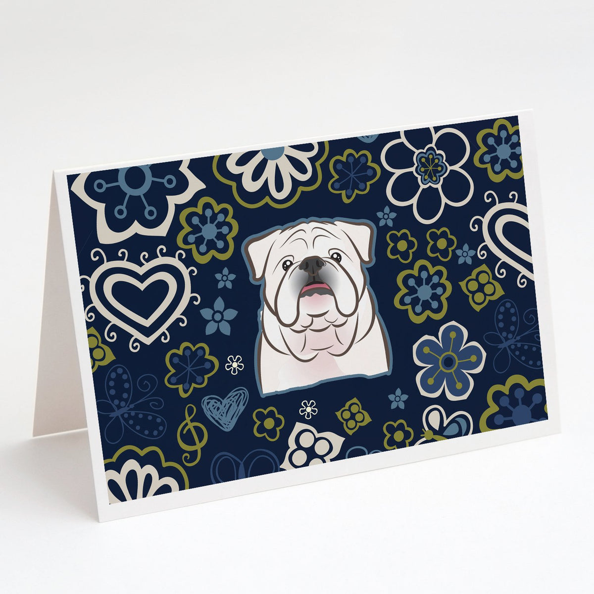 Buy this Blue Flowers White English Bulldog  Greeting Cards and Envelopes Pack of 8