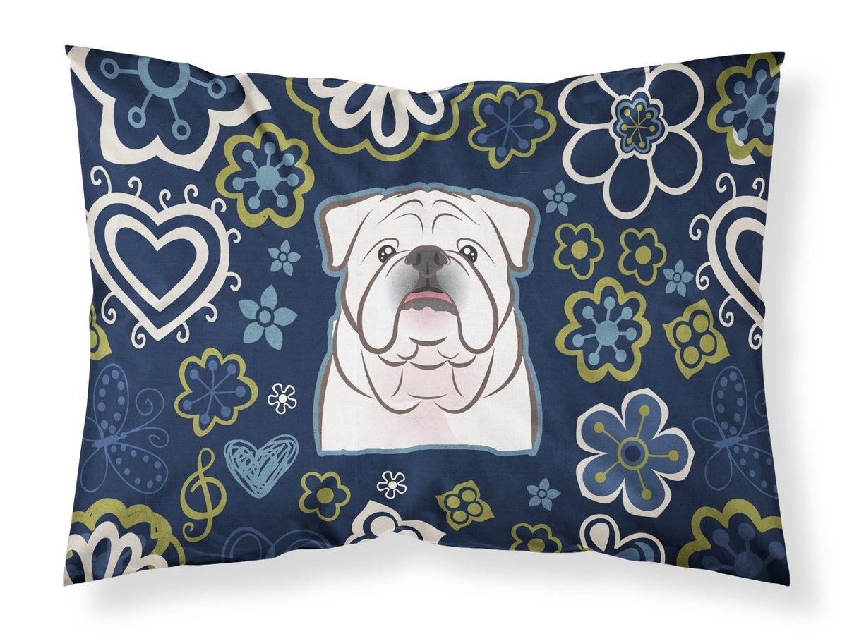 Blue Flowers White English Bulldog  Fabric Standard Pillowcase BB5071PILLOWCASE by Caroline&#39;s Treasures