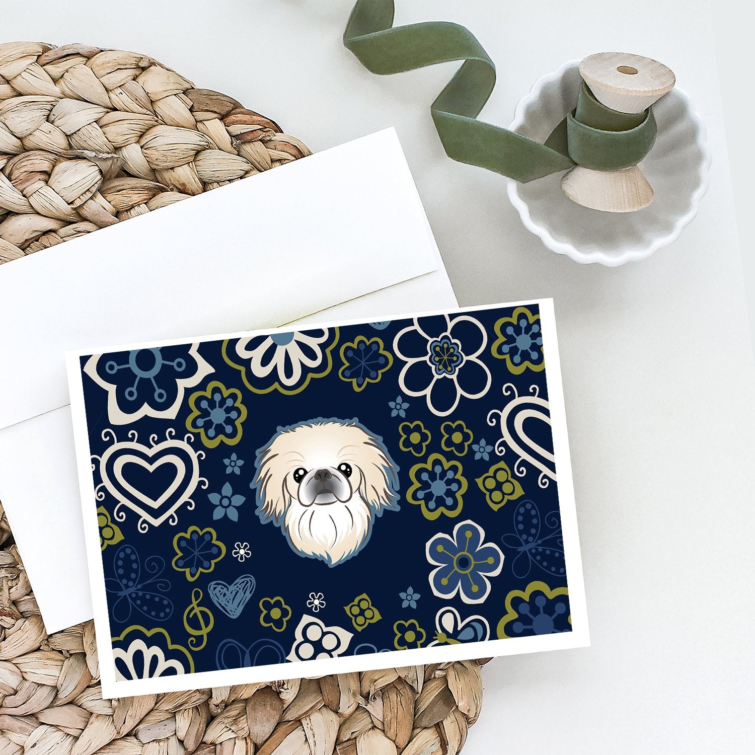 Blue Flowers Pekingese Greeting Cards and Envelopes Pack of 8 - the-store.com