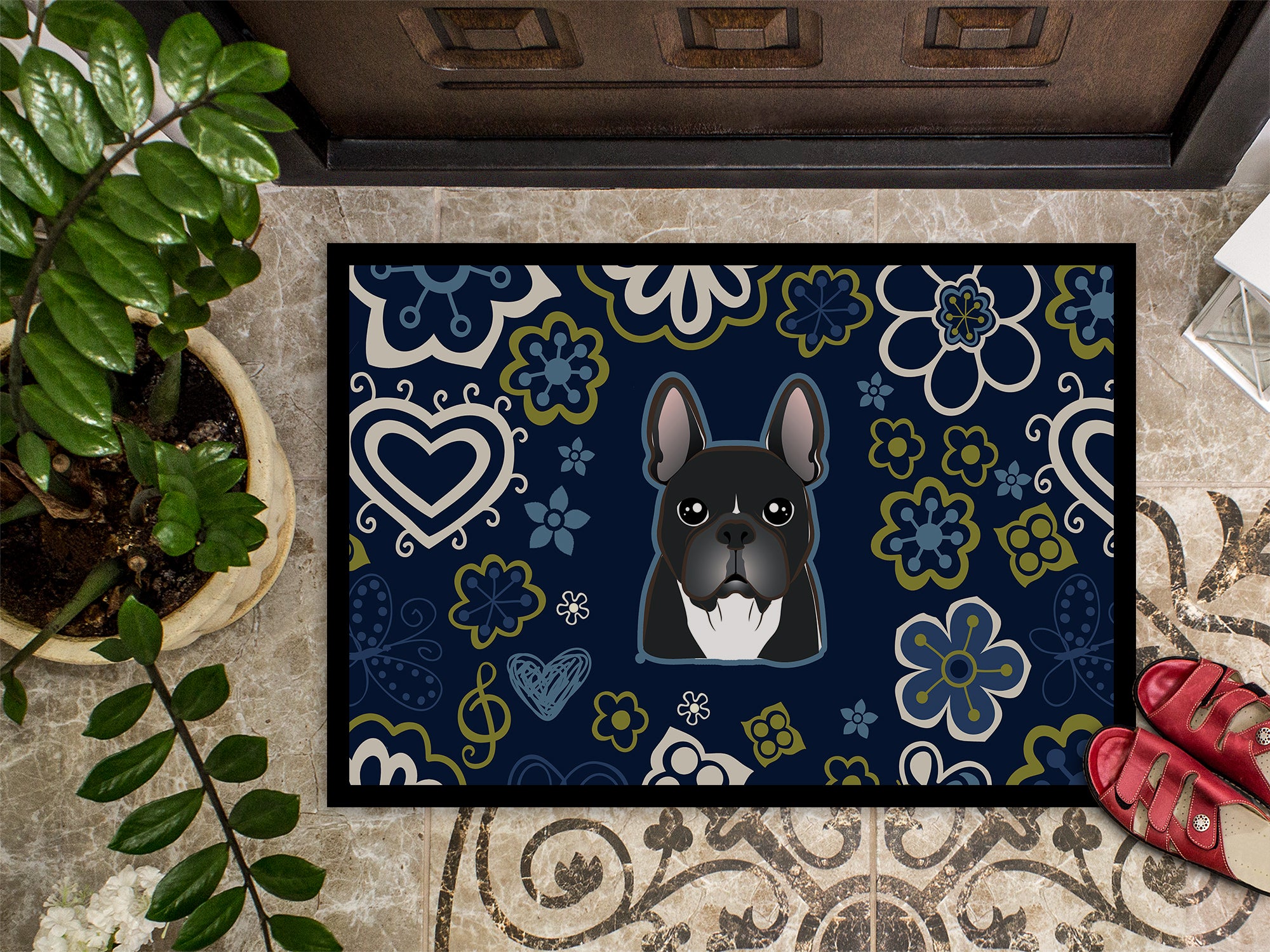 Blue Flowers French Bulldog Indoor or Outdoor Mat 18x27 BB5078MAT - the-store.com