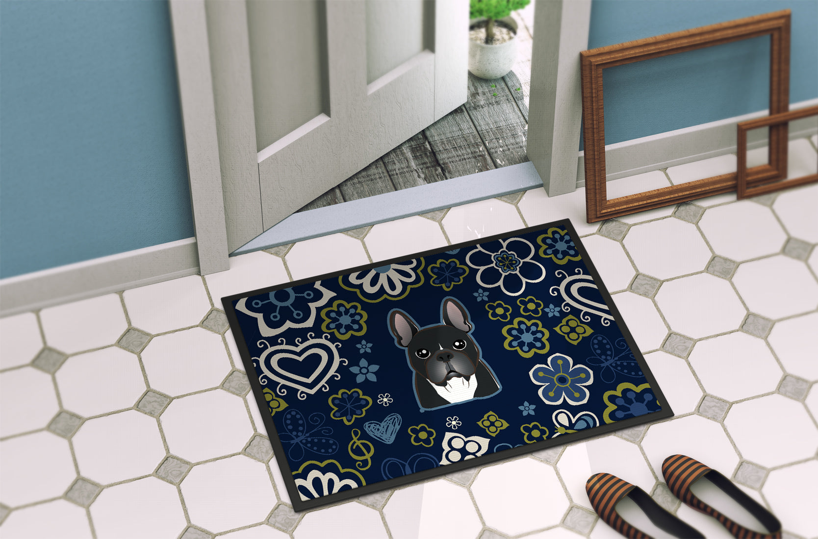 Blue Flowers French Bulldog Indoor or Outdoor Mat 18x27 BB5078MAT - the-store.com