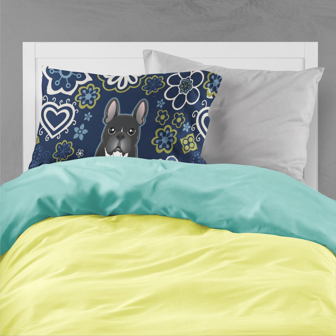 Caroline's Treasures Blue Flowers French Bulldog Fabric Standard Pillowcase – Artistic Decorative Front, White Back BB5078PILLOWCASE