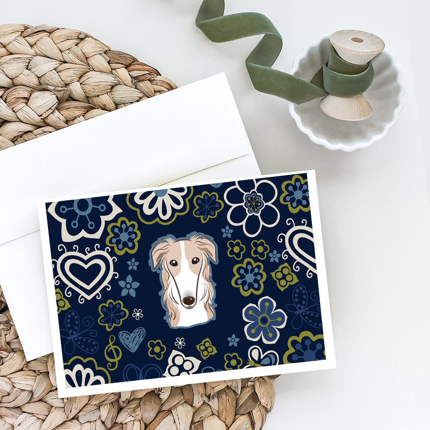Blue Flowers Borzoi Greeting Cards and Envelopes Pack of 8 - the-store.com