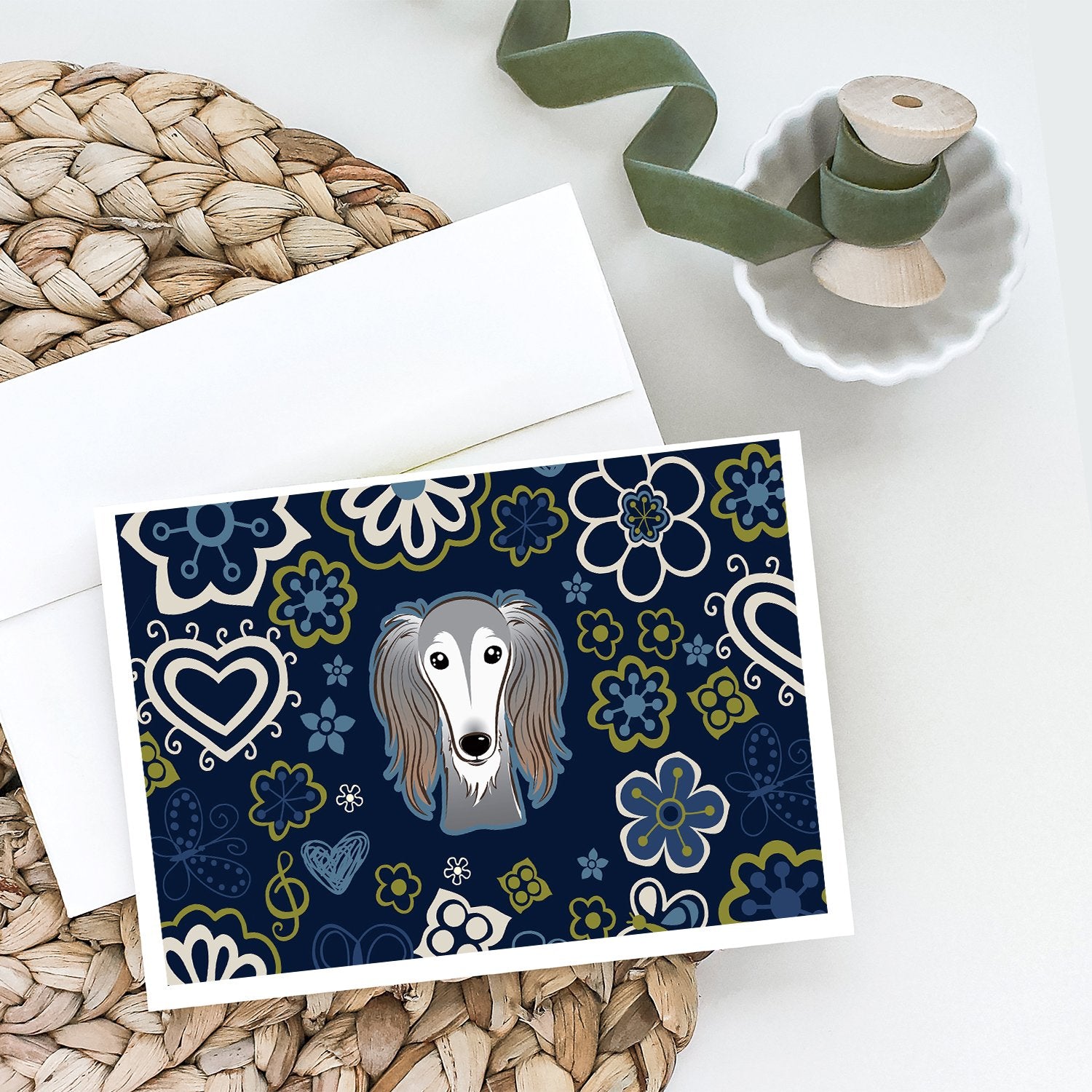 Blue Flowers Saluki Greeting Cards and Envelopes Pack of 8 - the-store.com