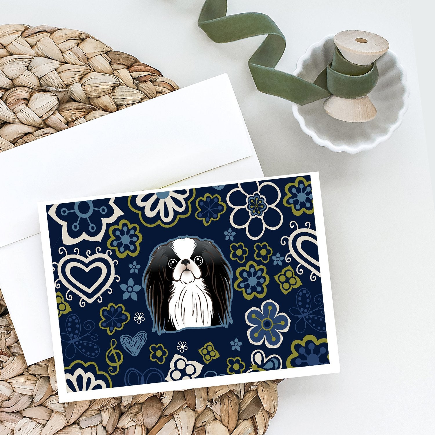 Blue Flowers Japanese Chin Greeting Cards and Envelopes Pack of 8 - the-store.com