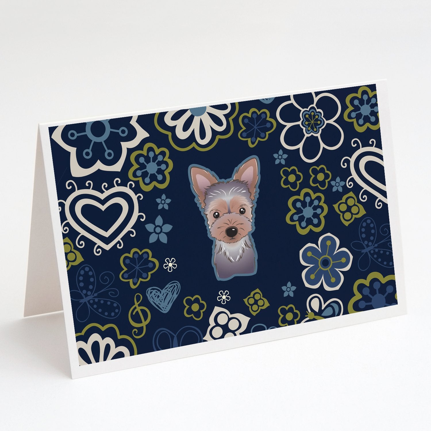 Buy this Blue Flowers Yorkie Puppy Greeting Cards and Envelopes Pack of 8