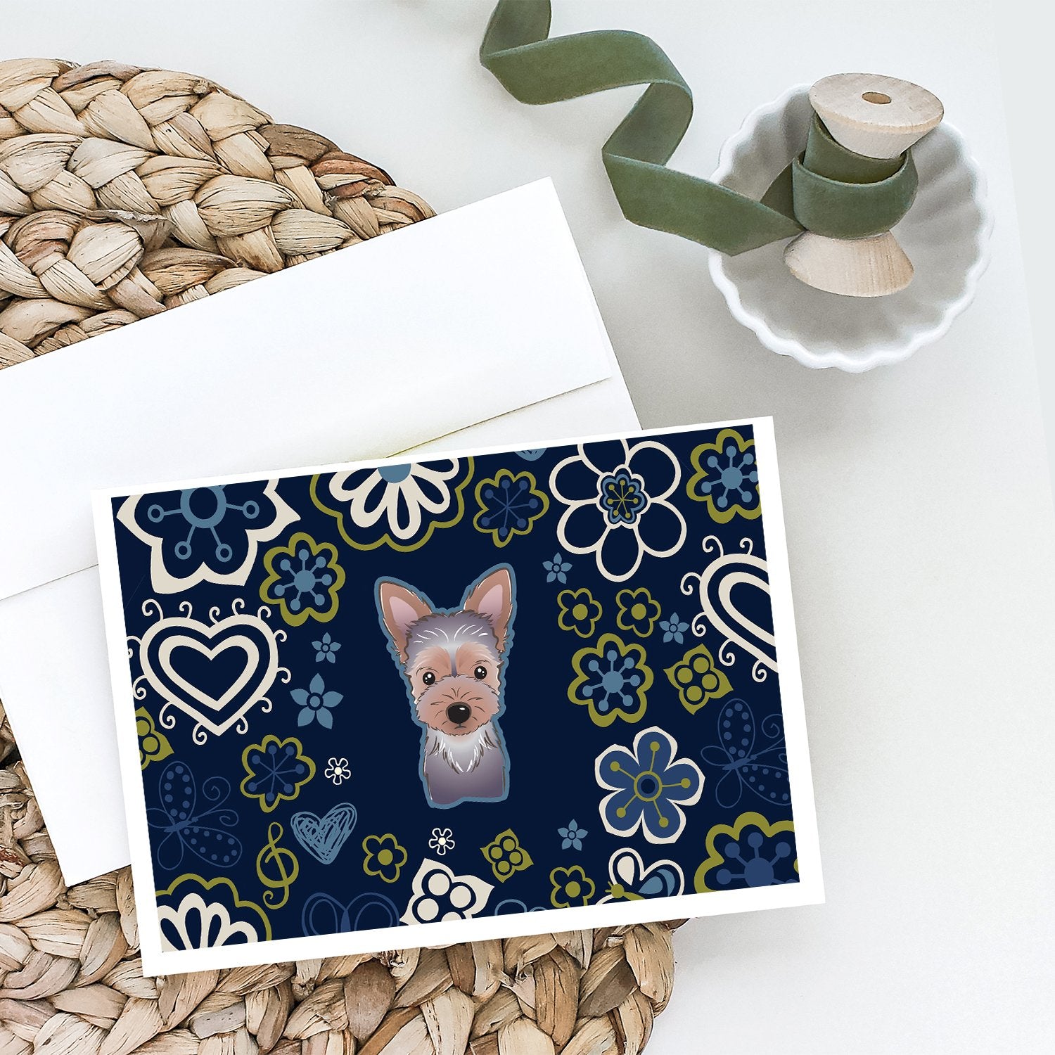 Blue Flowers Yorkie Puppy Greeting Cards and Envelopes Pack of 8 - the-store.com