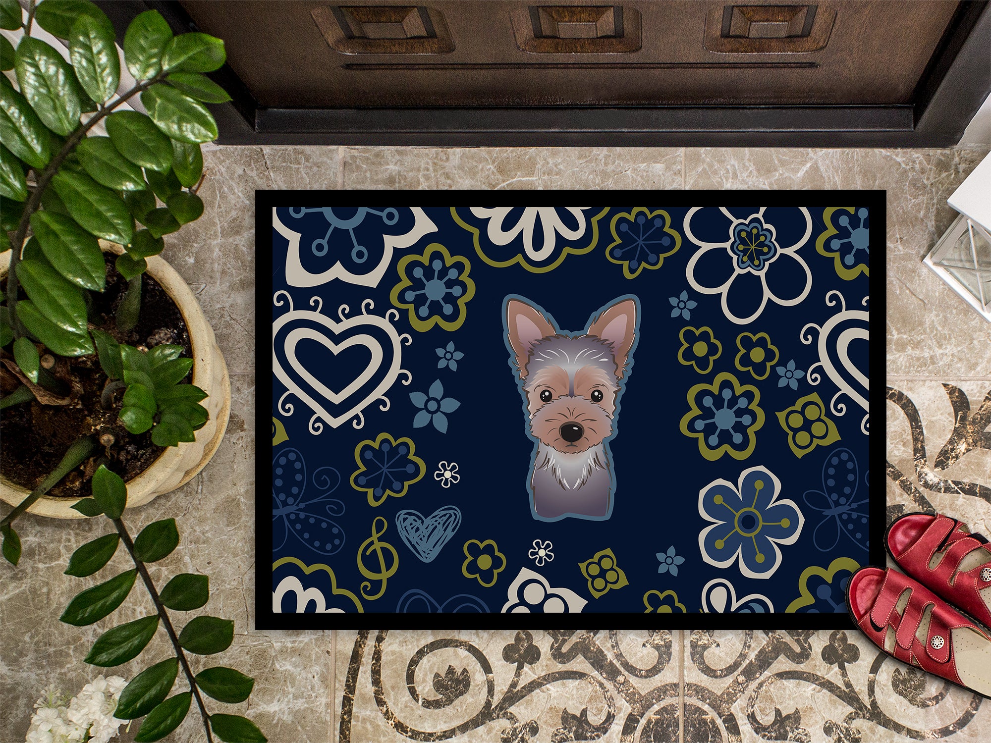 Blue Flowers Yorkie Puppy Indoor or Outdoor Mat 18x27 BB5083MAT - the-store.com