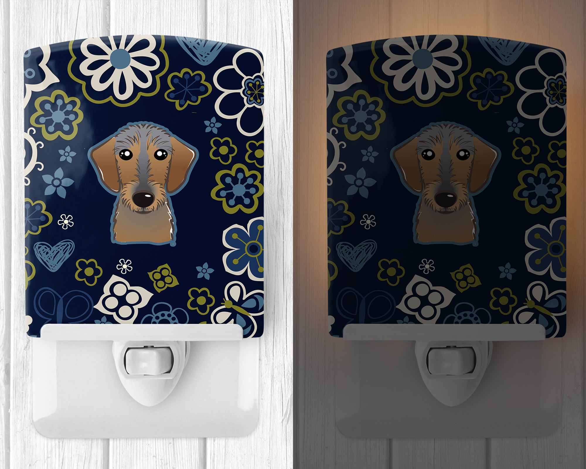 Blue Flowers Wirehaired Dachshund Ceramic Night Light BB5084CNL - the-store.com