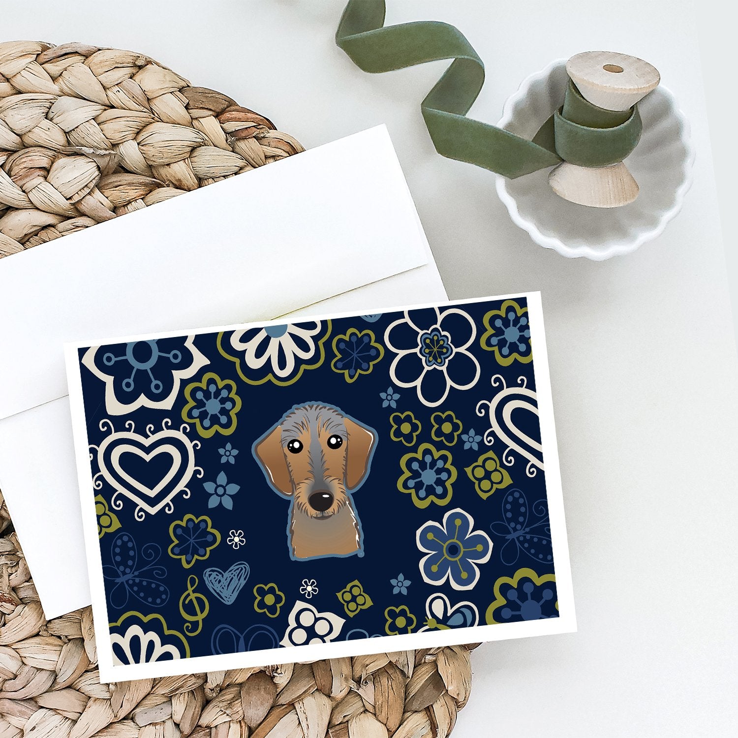 Blue Flowers Wirehaired Dachshund Greeting Cards and Envelopes Pack of 8 - the-store.com