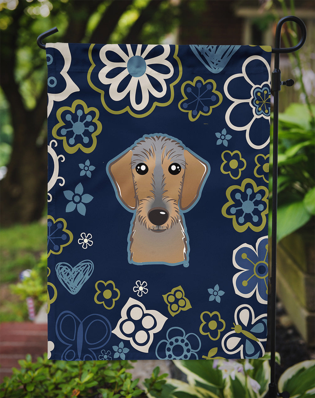 Blue Flowers Wirehaired Dachshund Flag Garden Size BB5084GF  the-store.com.
