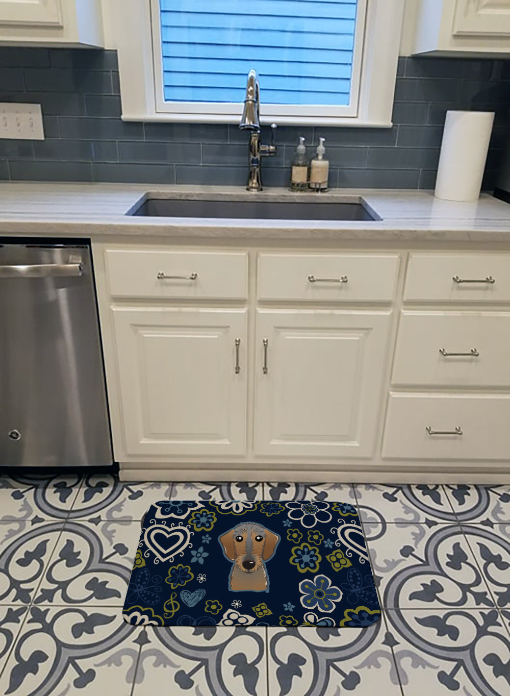 Blue Flowers Wirehaired Dachshund Machine Washable Memory Foam Mat BB5084RUG - the-store.com