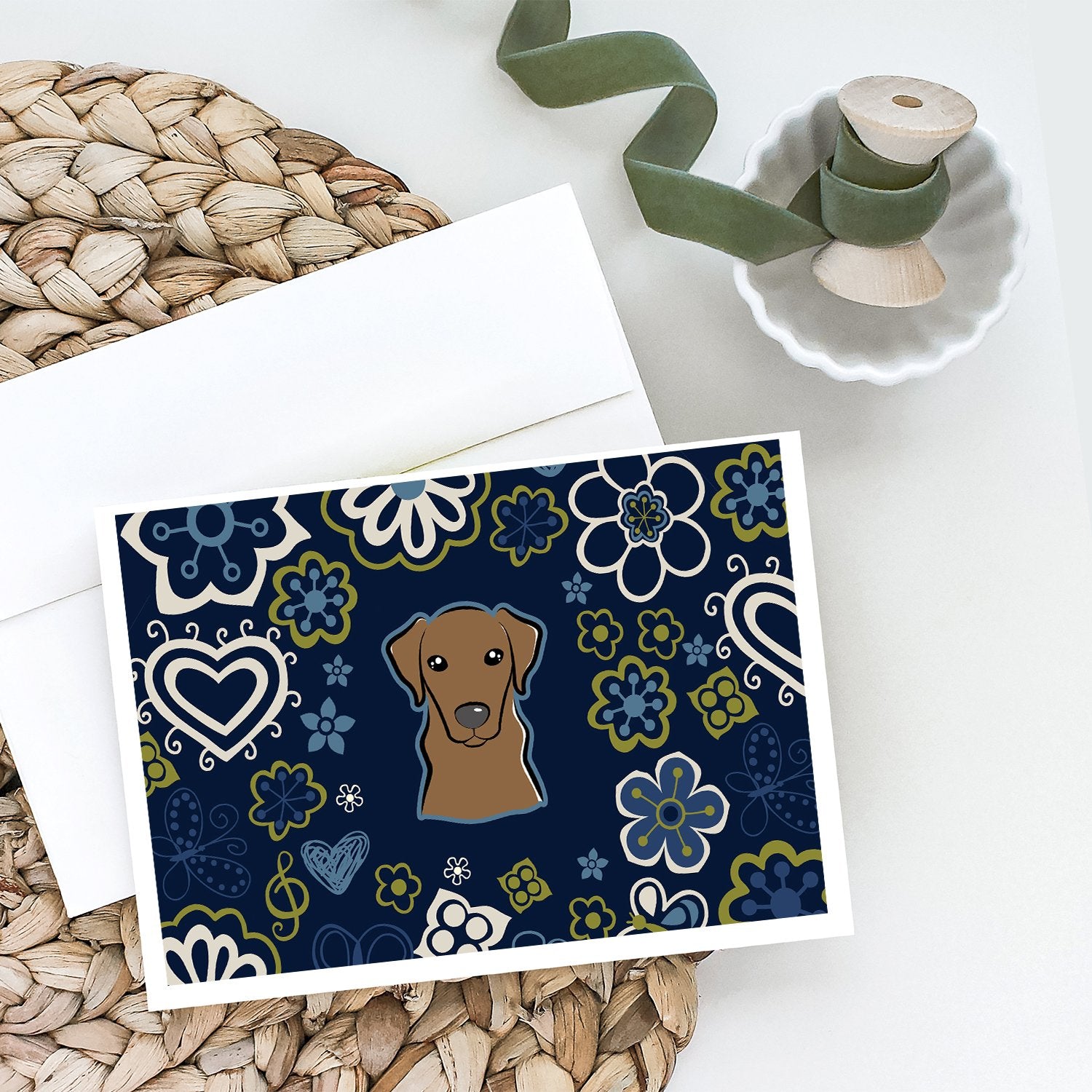 Buy this Blue Flowers Chocolate Labrador Greeting Cards and Envelopes Pack of 8
