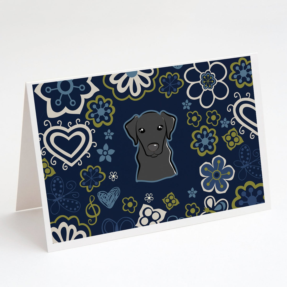 Buy this Blue Flowers Black Labrador Greeting Cards and Envelopes Pack of 8