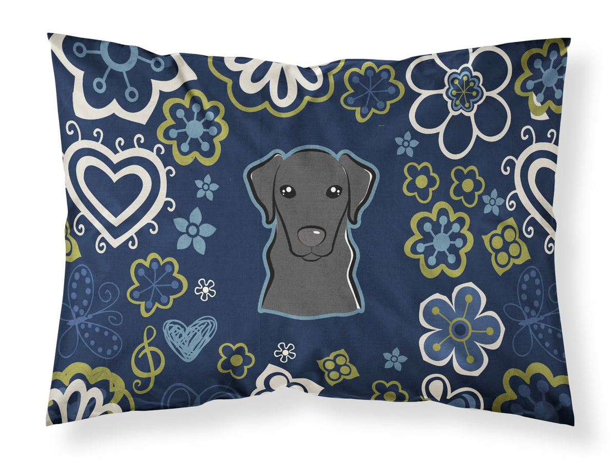 Blue Flowers Black Labrador Fabric Standard Pillowcase BB5086PILLOWCASE by Caroline&#39;s Treasures