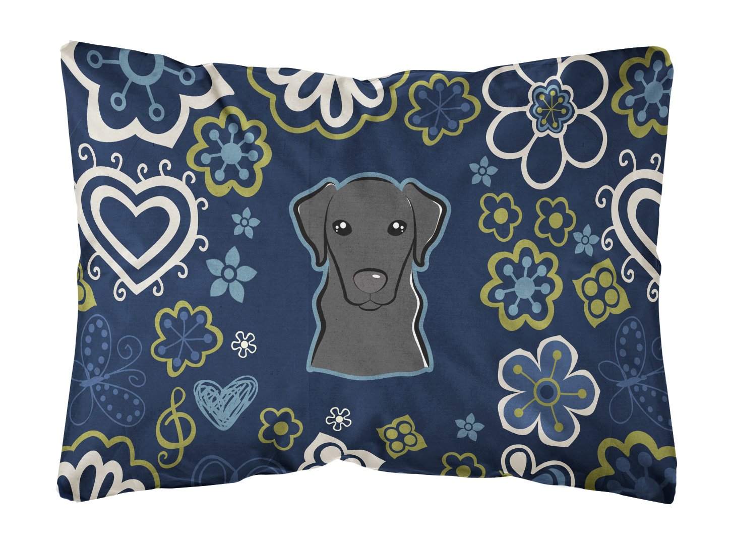 Blue Flowers Black Labrador Canvas Fabric Decorative Pillow BB5086PW1216 by Caroline's Treasures