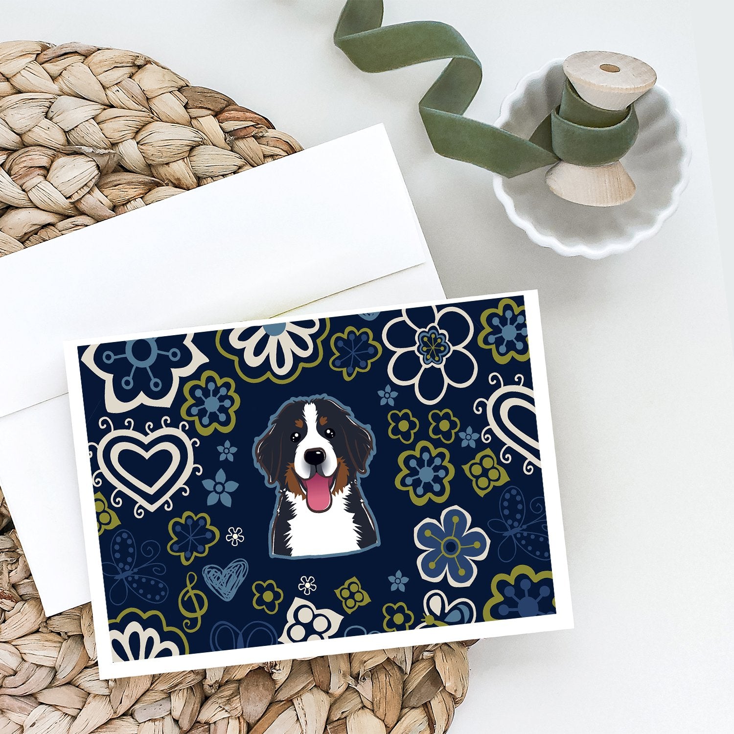 Blue Flowers Bernese Mountain Dog Greeting Cards and Envelopes Pack of 8 - the-store.com