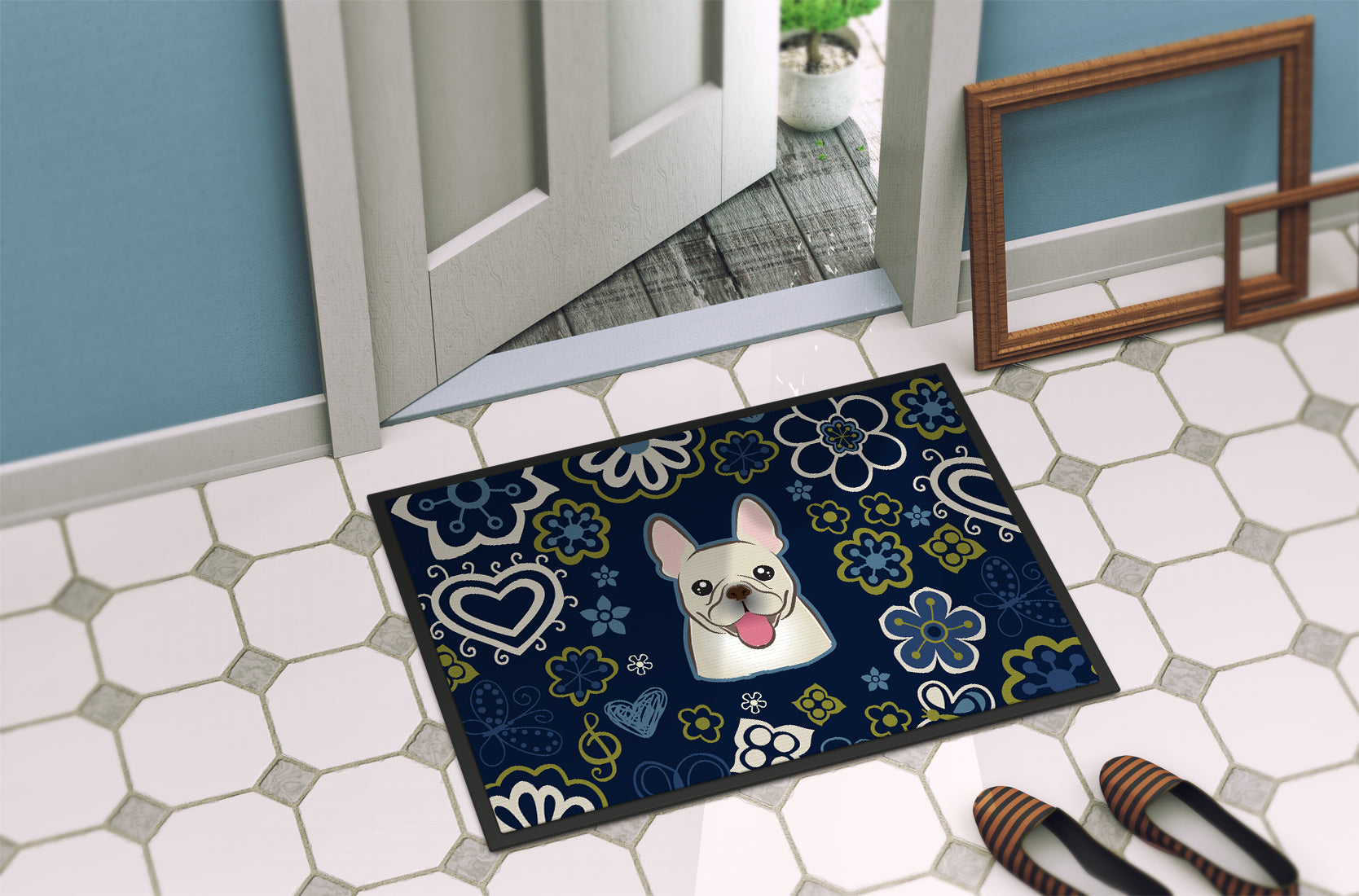 Blue Flowers French Bulldog Indoor or Outdoor Mat 18x27 BB5089MAT - the-store.com