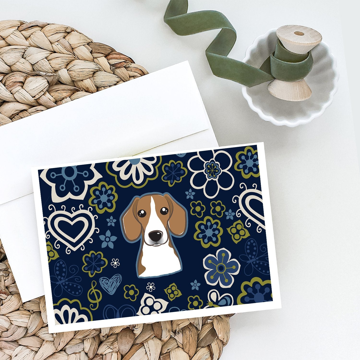 Blue Flowers Beagle Greeting Cards and Envelopes Pack of 8 - the-store.com