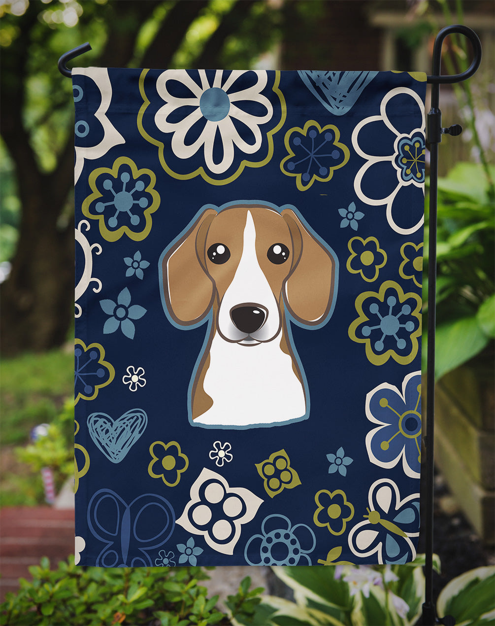 Blue Flowers Beagle Flag Garden Size BB5090GF