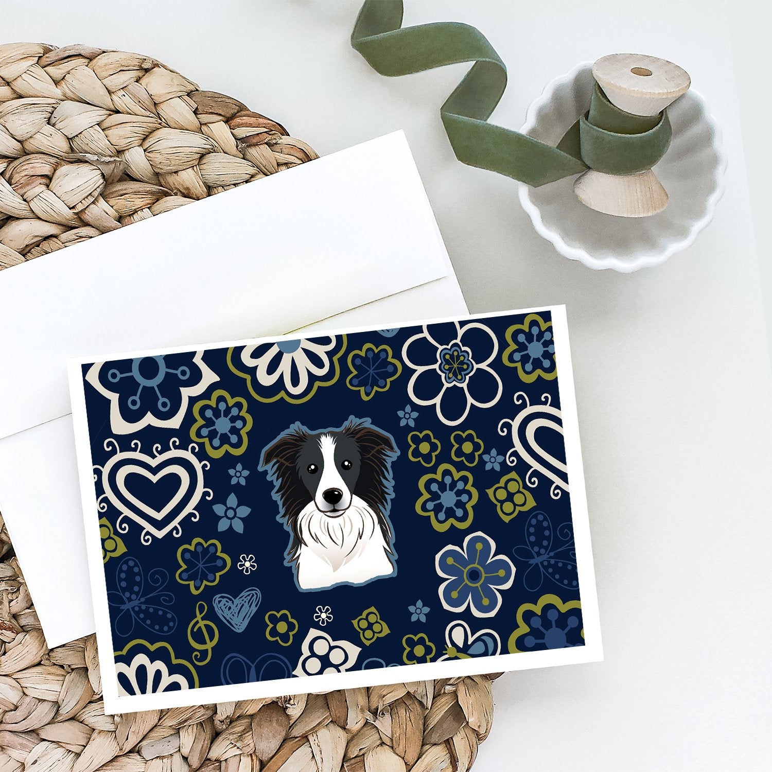 Blue Flowers Border Collie Greeting Cards and Envelopes Pack of 8 - the-store.com