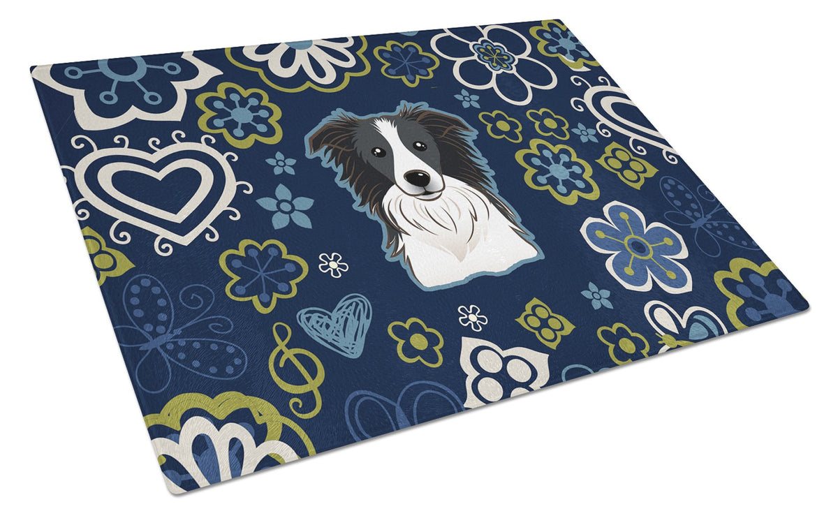 Blue Flowers Border Collie Glass Cutting Board Large BB5092LCB by Caroline&#39;s Treasures