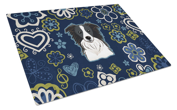 Blue Flowers Border Collie Glass Cutting Board Large BB5092LCB by Caroline's Treasures