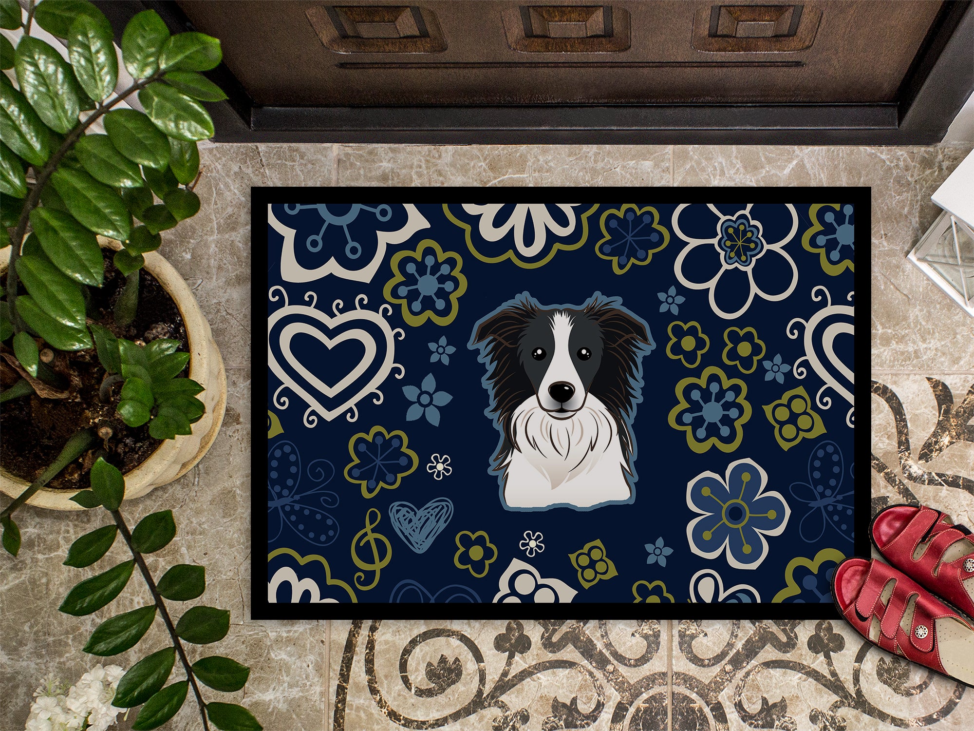 Blue Flowers Border Collie Indoor or Outdoor Mat 18x27 BB5092MAT - the-store.com