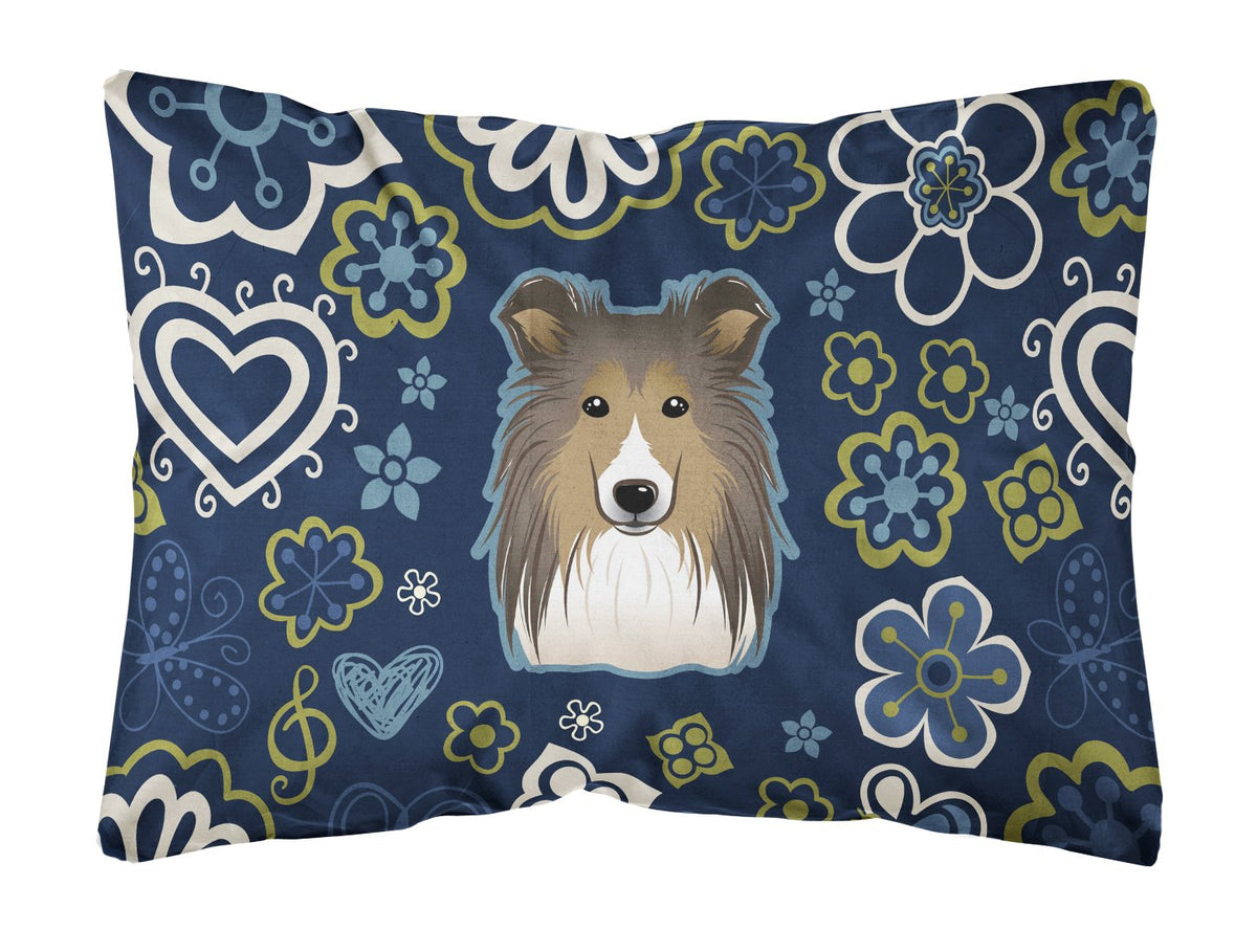 Blue Flowers Sheltie Canvas Fabric Decorative Pillow BB5093PW1216 by Caroline&#39;s Treasures